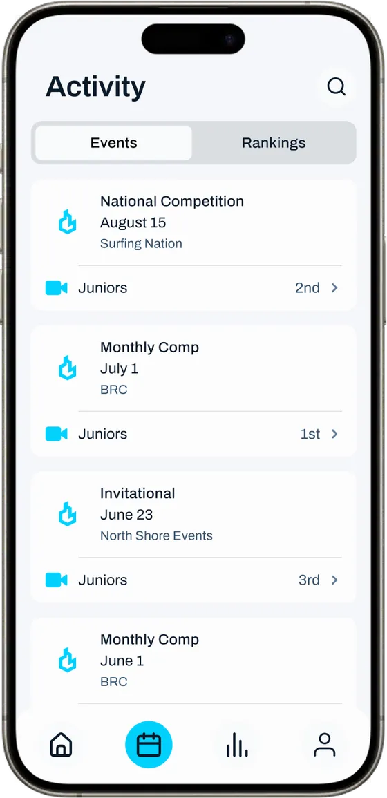 The Activity screen in AthleteiQ, listing past events with video icons marking heats that have clips