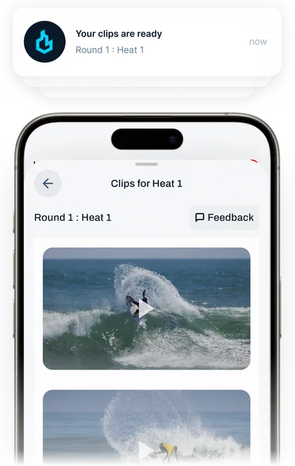 Push notification reading 'Your clips are ready', above the clips list for a heat in the AthleteiQ app