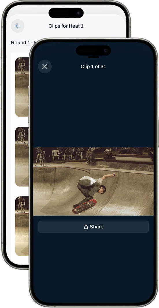 AthleteiQ clips preview: the clip list for a heat, and a skate clip playing with a share option