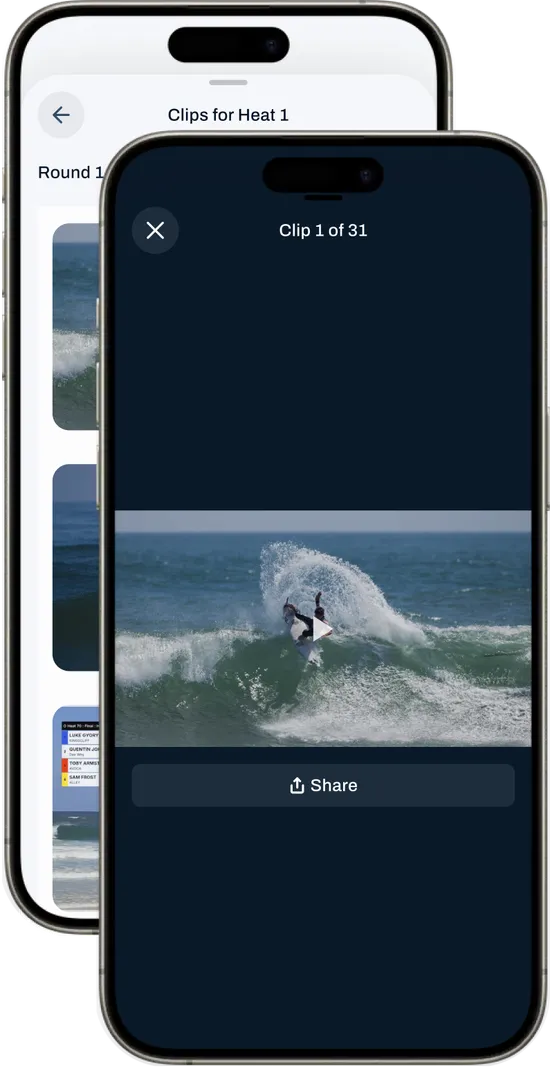 Clips for a heat listed by time, with a surf clip playing in the AthleteiQ player